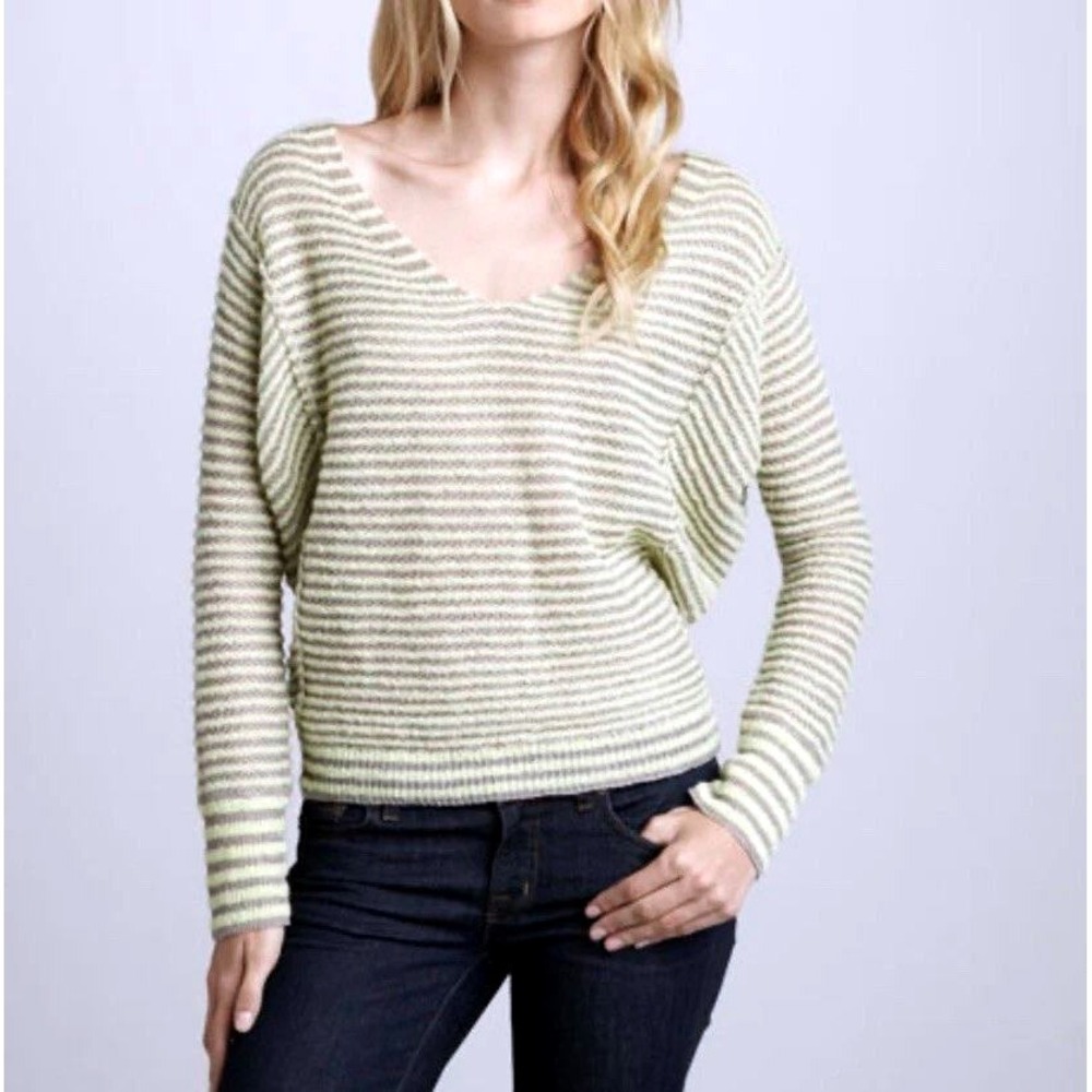 Free People Bumblebee V-Neck Striped Sweater Women's L Green Gray Boho Hippie